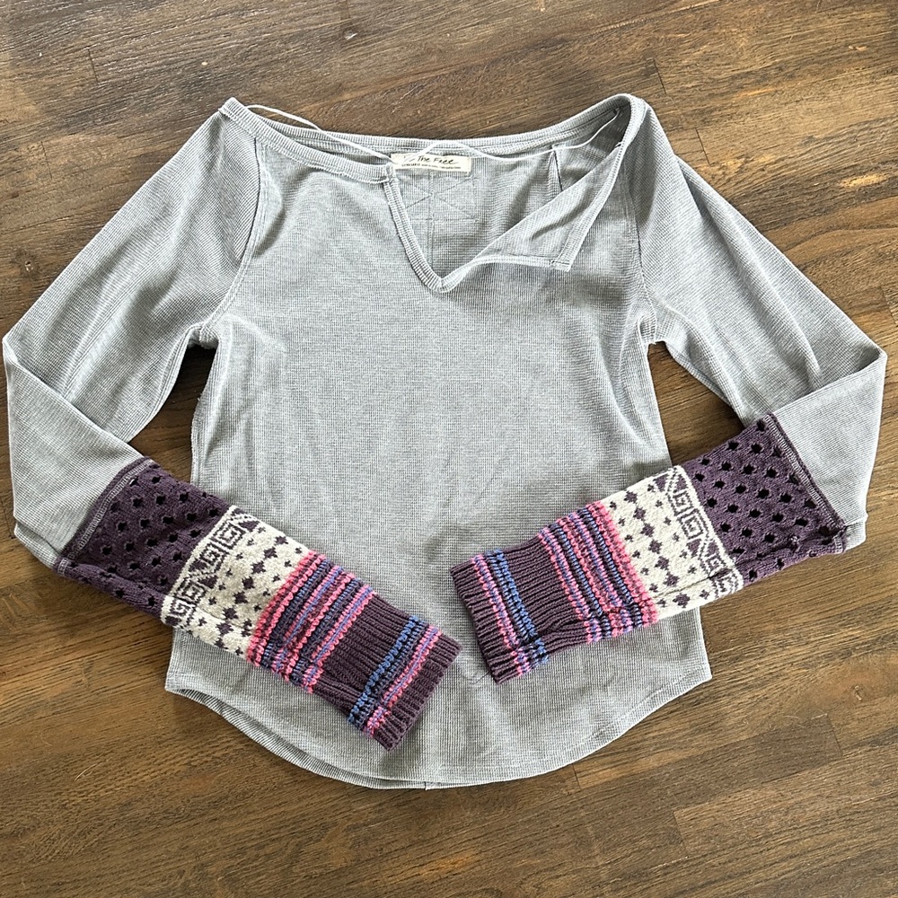 Free People Gray Long Sleeve Top with Colorful Patterned Sleeves
